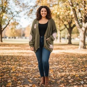 POL Olive and Pink Patchwork Cardigan, Size Large